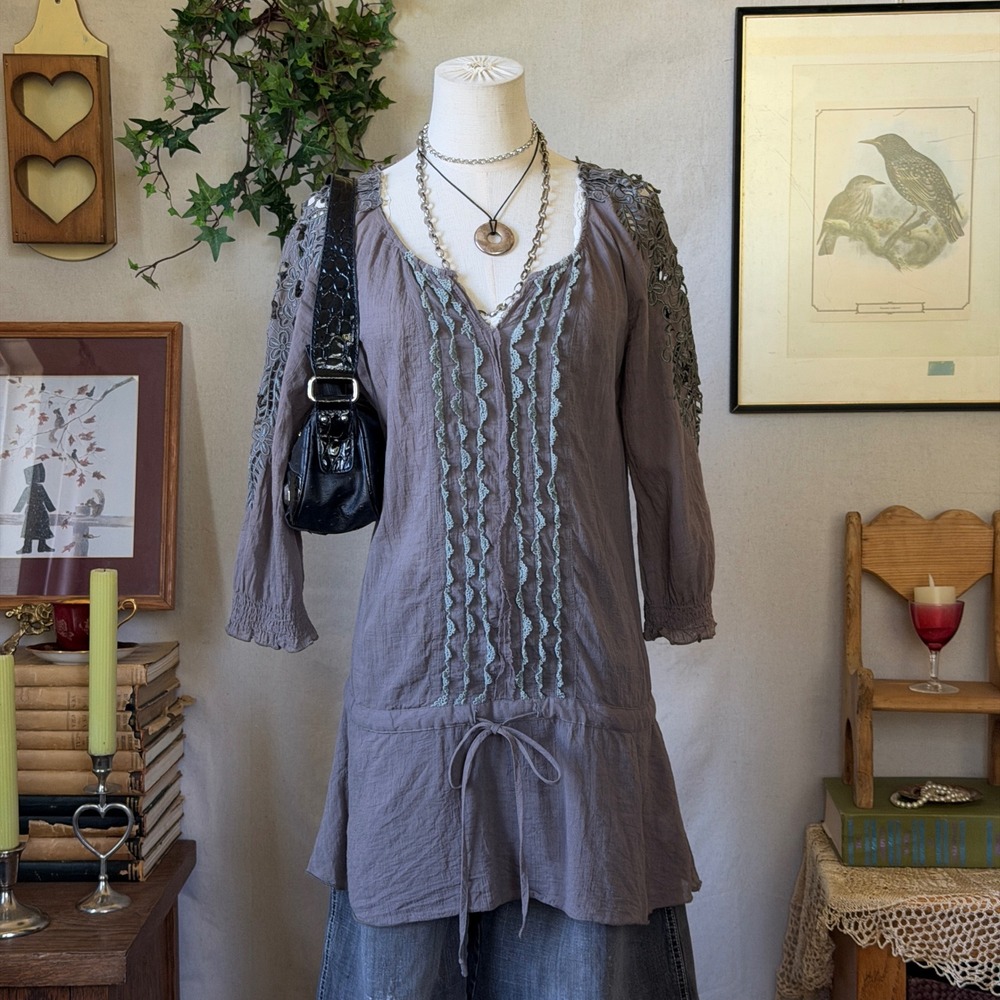 Grey Brown Crochet Lace Trim Tunic Blouse Boho Fairycore Y2K Vintage Size S